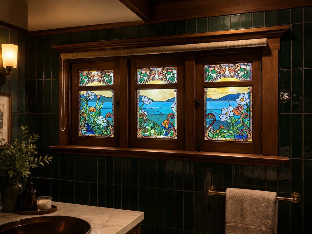Art Nouveau floral stained glass bathroom windows, custom leaded glass