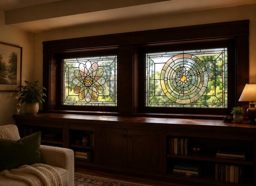 Pair of custom stained glass windows with atomic flower and radial concentric geometric designs