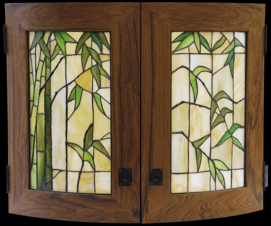 Custom stained glass cabinet doors with bamboo stalk and leaf design