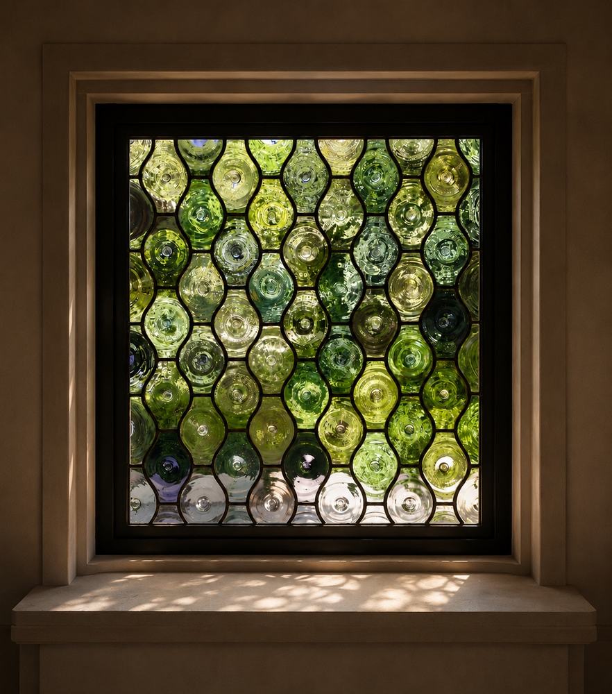 Custom leaded glass window made with recycled bottle-glass rounds in shades of green