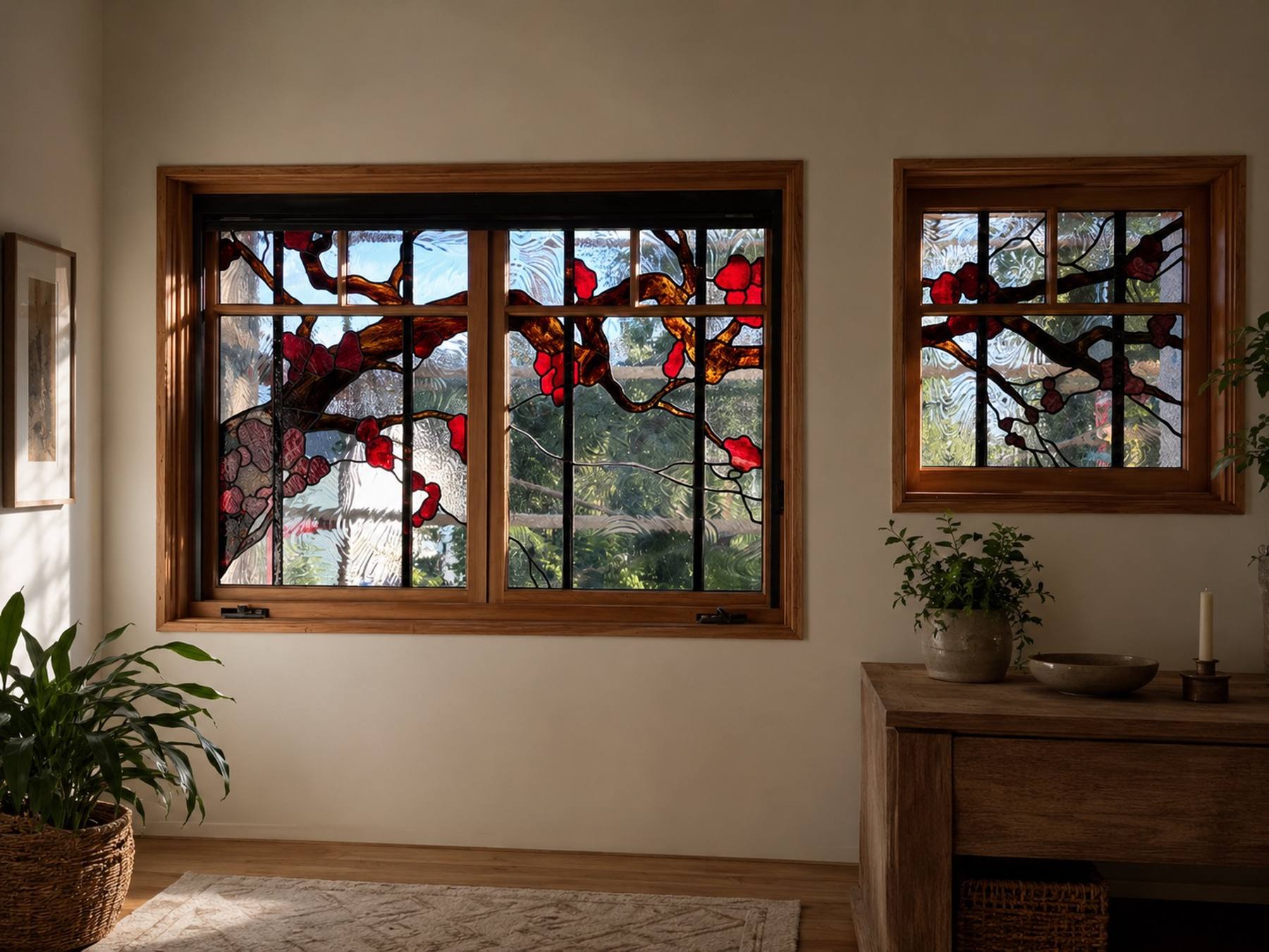 Custom stained glass windows with cherry blossom design, Los Angeles stained glass artist