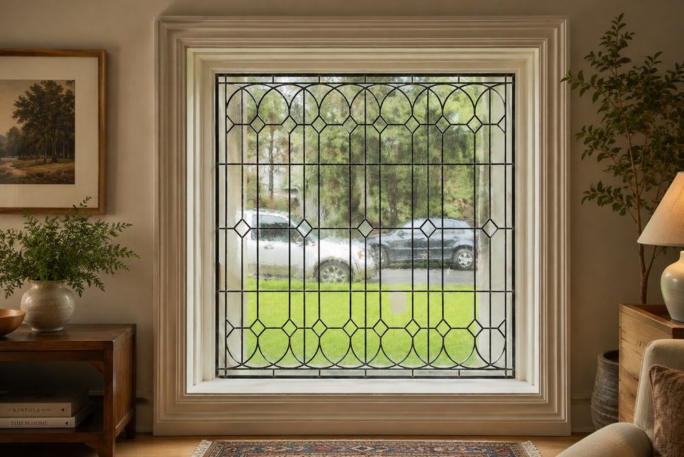 Custom clear leaded glass window with circle and diamond geometric pattern