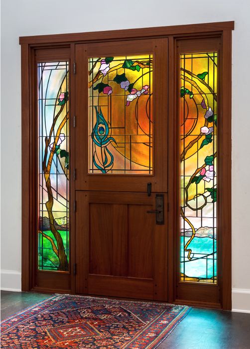 Custom stained glass front door and sidelight panels, Los Angeles