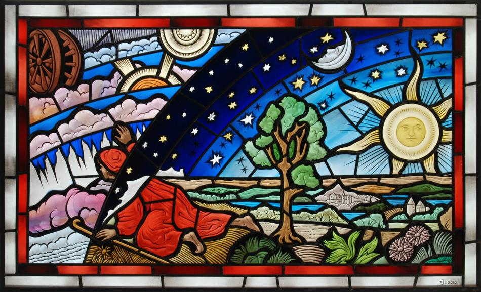 Painted stained glass window depicting an allegorical figure between day and night skies with sun, moon, and stars