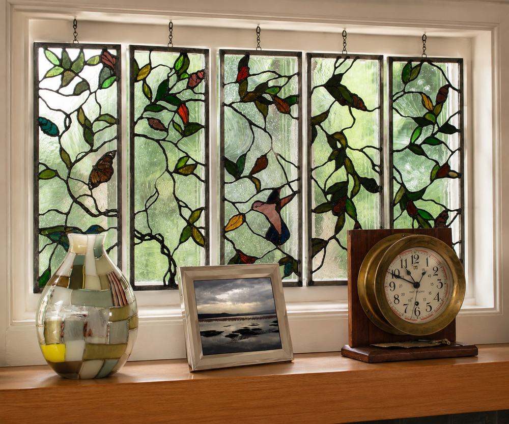 Hanging stained glass panel suite with hummingbird and butterfly design