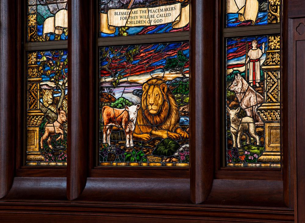 Painted ecclesiastical stained glass church window, lion and lamb, Isaiah 11:6, religious glass artist Los Angeles