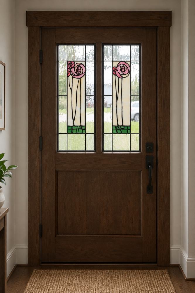 Craftsman door with Charles Rennie Mackintosh-style stained glass rose motif