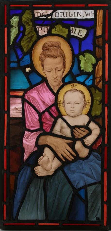 Painted ecclesiastical stained glass panel of the Madonna and Child with inscription