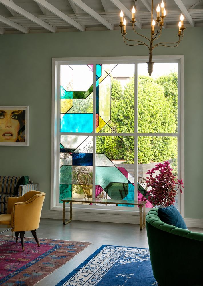 Modern geometric stained glass window, custom jewel-tone glass design