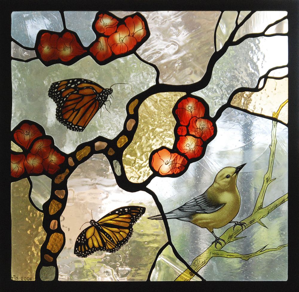 Painted stained glass panel depicting monarch butterflies and a songbird among red blossoms