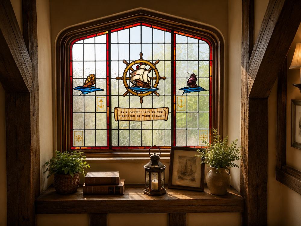 Custom stained glass window with a ship's wheel, sailing ship, and nautical motto