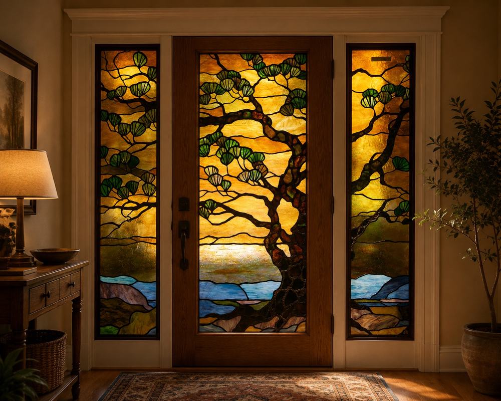 Custom stained glass entry door, oak tree and sunset landscape design