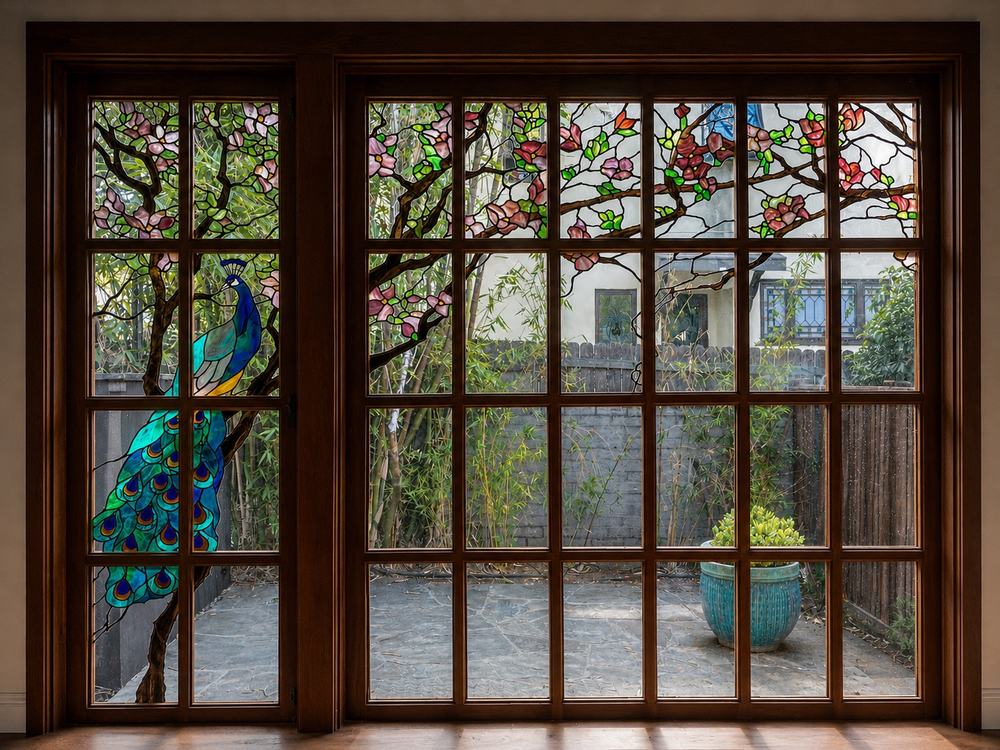 Custom leaded glass entry door with peacock and cherry blossom design, Los Angeles