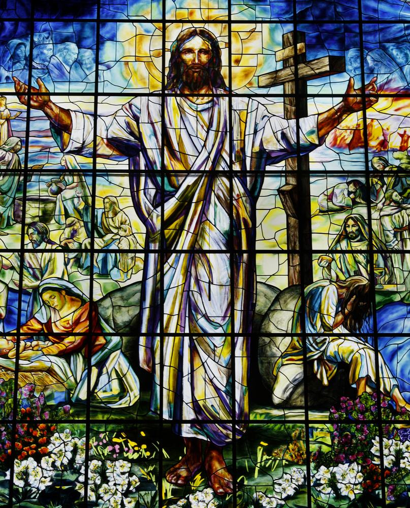 Large painted ecclesiastical stained glass window depicting the Resurrection, religious glass artist Los Angeles