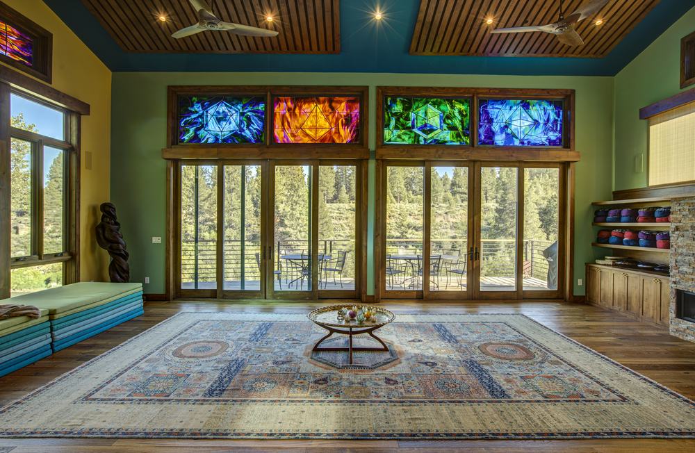 Custom stained glass transom windows, sacred geometry design, Southern California