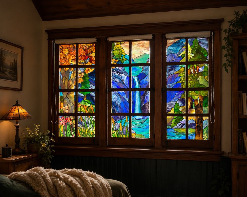 Custom stained glass window triptych, waterfall and mountain landscape scene