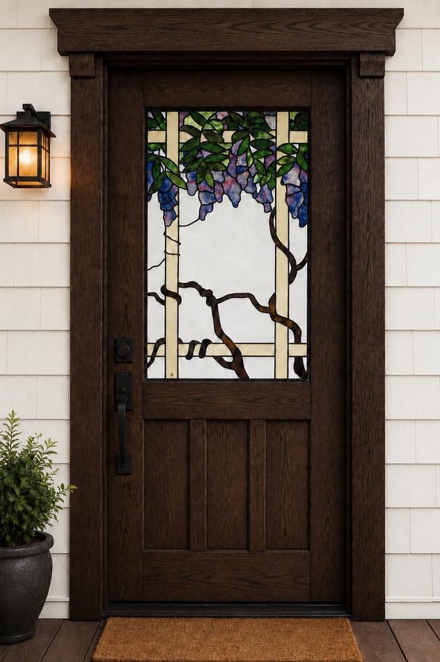 Custom stained glass entry door depicting a wisteria vine on a trellis